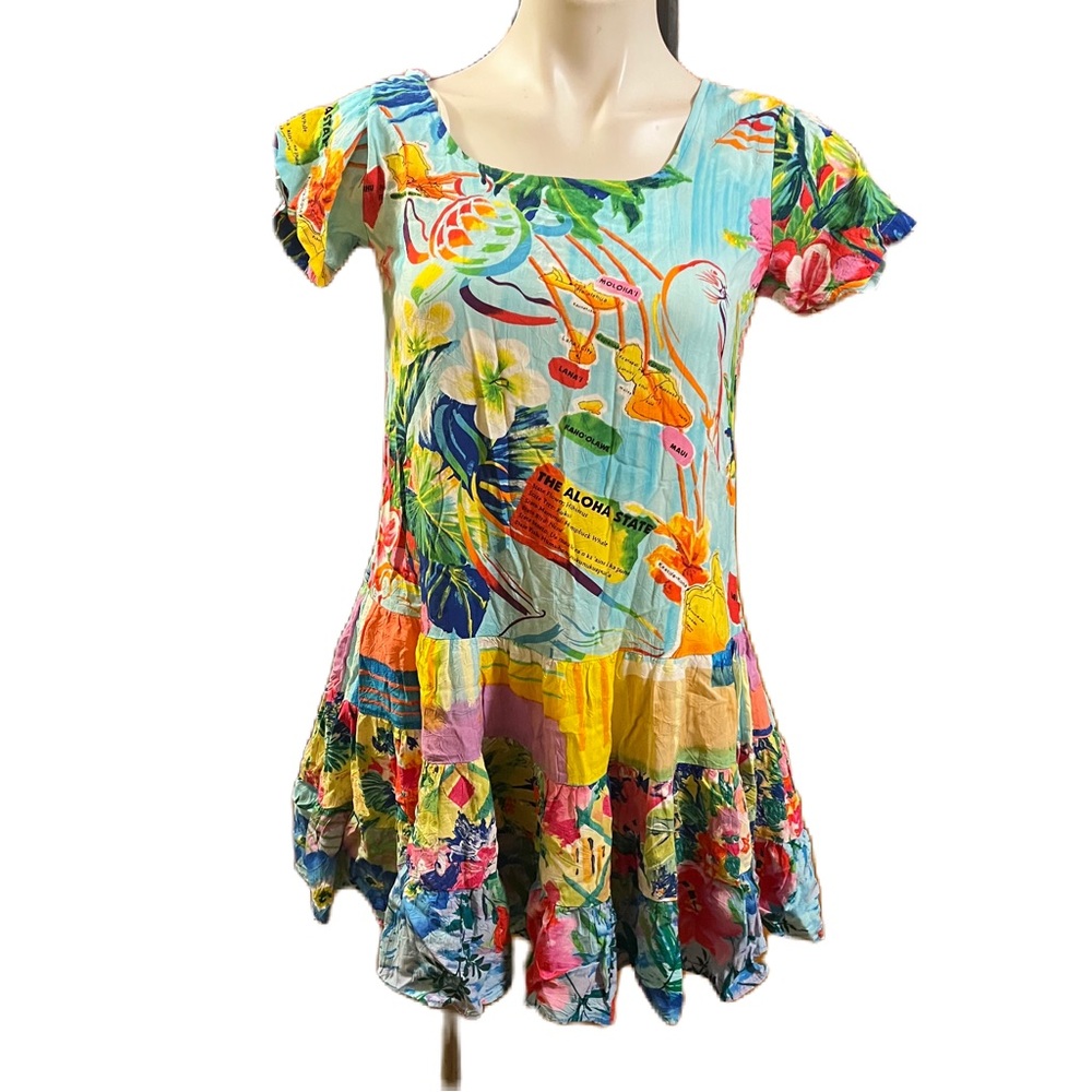 Jams World “The Aloha State” print Aqua and Green Tropical Mini Dress XS